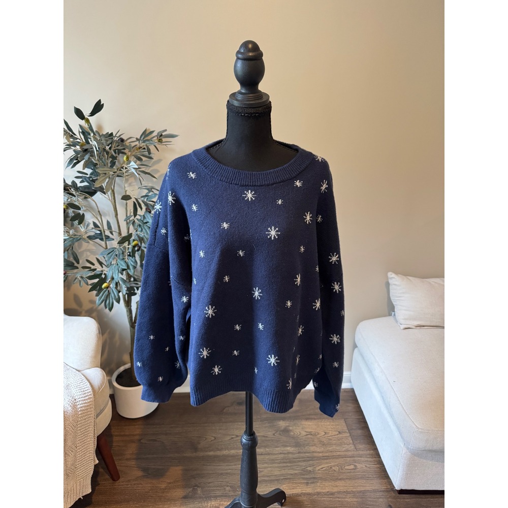 Loft Navy Blue Snowflake Metallic Knit Sweater XL New With Tags 39858283